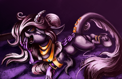 Size: 1253x818 | Tagged: safe, artist:emtscratch, oc, oc only, hybrid, kirin, bracelet, curved horn, fangs, female, hand, horn, jewelry, leonine tail, lying down, necklace, peytral, prone, solo, tail, yawn