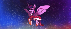 Size: 2000x831 | Tagged: safe, artist:emtscratch, twilight sparkle, alicorn, pony, g4, chest fluff, christmas, clothes, costume, ear fluff, eye clipping through hair, female, flying, holiday, mare, santa costume, snow, snowfall, solo, spread wings, twilight sparkle (alicorn), wings