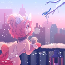 Size: 2000x2000 | Tagged: safe, artist:ksoreek, oc, oc only, bird, blue jay, pegasus, pony, balcony, city, cityscape, clothes, coffee cup, commission, cup, female, icicle, lantern, mare, mittens, outdoors, scarf, snow, snowfall