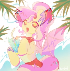 Size: 1908x1940 | Tagged: safe, artist:ksoreek, oc, oc only, pony, bat wings, bikini, clothes, drink, drinking straw, fangs, female, horns, mare, solo, spread wings, swimsuit, wings