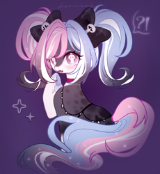 Size: 1270x1378 | Tagged: safe, artist:ksoreek, oc, oc only, earth pony, pony, blushing, bow, commission, exclamation point, female, hair bow, interrobang, mare, pigtails, question mark, skull, speech bubble, twintails, unshorn fetlocks, unusual pupils