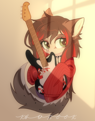 Size: 1146x1458 | Tagged: safe, artist:ksoreek, oc, oc only, earth pony, pony, clothes, commission, electric guitar, female, guitar, jacket, mare, musical instrument, solo