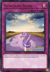 Size: 1383x2016 | Tagged: safe, edit, editor:marefieber, starlight glimmer, pony, unicorn, g4, boop, card, cloud, cloudy, female, field, grass, grass field, hay, hay bale, hoof to nose, horn, irl, mare, misspelling, numbers, photo, pillar, plate, raised hoof, road, scenery, self-boop, sky, solo, sun, symbol, table, text, trap card, tree, twilight sparkle's cutie mark, twilight's castle, yu-gi-oh!