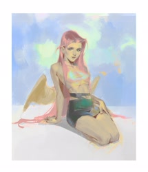 Size: 1759x2048 | Tagged: safe, artist:kirrrika, fluttershy, human, g4, abstract background, bare midriff, bat wings, belly, belly button, clothes, female, flutterbat, humanized, kneeling, midriff, passepartout, skirt, solo, wings