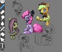 Size: 1080x901 | Tagged: safe, artist:grim_the_end, applejack, fluttershy, pinkie pie, pony, robot, robot pony, g4, animatronic, art program in frame, clothes, cosplay, costume, female, five nights at freddy's, flutterchica, ibispaint x, mare, sketch