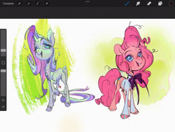 Size: 2048x1536 | Tagged: safe, artist:kirrrika, pinkie pie, rarity, classical unicorn, earth pony, pony, unicorn, g4, abstract background, art program in frame, bowtie, clothes, cloven hooves, female, horn, leonine tail, mare, peytral, procreate app, shirt, unshorn fetlocks