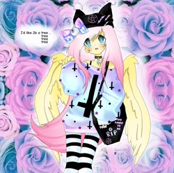 Size: 2048x2039 | Tagged: safe, artist:grim_the_end, pegasus, anthro, g4, abstract background, bag, choker, clothes, pastel goth, shirt, shoulderless, socks, solo, striped socks