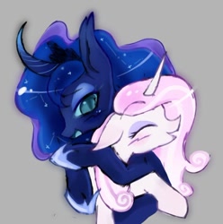 Size: 696x701 | Tagged: safe, artist:grim_the_end, fleur-de-lis, princess luna, alicorn, pony, unicorn, g4, duo, duo female, female, fleur de lune, horn, hug, lesbian, open mouth, open smile, shipping, smiling