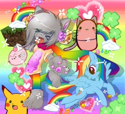 Size: 2048x1863 | Tagged: safe, artist:grim_the_end, rainbow dash, cat, pegasus, pikachu, pony, anthro, g4, food, gradient background, group, meme, minecraft, nyan cat, open mouth, open smile, pokémon, potato, rainbow, rainbow background, smiling, surprised pikachu