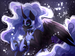 Size: 1280x960 | Tagged: safe, artist:13blackcrows, nightmare moon, alicorn, pony, g4, ankle chain, chained, chains, curved horn, female, helmet, hoof shoes, horn, manacles, mare, peytral, shackles, solo, stars