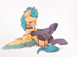 Size: 2090x1539 | Tagged: safe, artist:itssim, oc, oc only, oc:maverick blast, pegasus, pony, blushing, chest fluff, clothes, colored wings, crossdressing, cute, garter belt, garter straps, male, not hitch trailblazer, pegasus oc, solo, spread wings, stallion, stockings, tail, thigh highs, two toned wings, wings