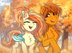 Size: 4000x2936 | Tagged: safe, artist:hakaina, oc, oc only, oc:sunshine drift, oc:zip circuit, bat pony, earth pony, autumn, bat pony oc, bat wings, bow, chest fluff, duo, duo male and female, ear fluff, earth pony oc, eye clipping through hair, fangs, female, grass, hair bow, male, mare, music notes, outdoors, raised hoof, signature, singing, smiling, stallion, tongue out, tree, wings