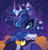 Size: 1447x1518 | Tagged: safe, artist:lenori, princess luna, alicorn, pony, g4, alternate hairstyle, blue sclera, bracelet, bust, chokerluna, clothes, costume, crown, ear piercing, earring, eyebrows, eyebrows visible through hair, eyeshadow, face paint, female, fishnet clothing, fishnet stockings, halftone, halloween, holiday, horn, horn jewelry, jewelry, lidded eyes, looking at you, makeup, mane jewelry, mare, nightmare night, nightmare night costume, peytral, piercing, pumpkin, regalia, smiling, smiling at you, solo, spider web, stockings, thigh highs, tiara