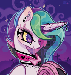 Size: 1447x1518 | Tagged: safe, artist:lenori, princess celestia, alicorn, pony, g4, alternate hairstyle, blush sticker, blushing, bust, choker, clothes, collar, colored eartips, colored sclera, costume, cross, dyed mane, ear blush, ear piercing, earring, eyebrows, eyebrows visible through hair, eyeliner, eyeshadow, face paint, female, halftone, horn, horn jewelry, jewelry, makeup, mare, neck bow, nightmare night, nightmare night costume, piercing, ponymania, smiling, solo, stockings, thigh highs, tiara, yellow sclera