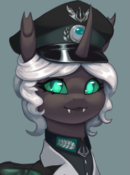 Size: 1555x2096 | Tagged: safe, artist:printik, oc, oc only, oc:kitu elder, changeling, changeling queen, equestria at war mod, black lipstick, bust, clothes, coat, fangs, female, gray coat, horn, lipstick, looking at camera, military, military pony, military uniform, portrait, simple background, solo, teal eyes, trident, uniform, uniform hat, white mane, wings