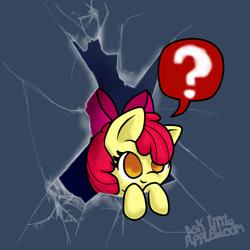 Size: 1280x1280 | Tagged: safe, artist:arielsbx, apple bloom, pony, ask little applebloom, g4, bow, broken glass, fourth wall, hair bow, question mark, solo