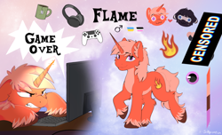 Size: 3032x1838 | Tagged: safe, artist:shpoof, oc, oc only, oc:flame, pony, unicorn, :3, angry, censor bar, censored, computer, controller, cup, cute, food, game, headphones, horn, male, male oc, mug, orange, reference sheet, solo, teacup, unshorn fetlocks