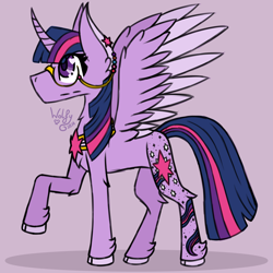 Size: 2500x2500 | Tagged: safe, artist:wolfgirlstuart, twilight sparkle, alicorn, g4, colored wings, curved horn, female, glasses, horn, solo, twilight sparkle (alicorn), two toned wings, unshorn fetlocks, wings