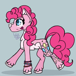 Size: 2500x2500 | Tagged: safe, artist:wolfgirlstuart, pinkie pie, earth pony, pony, g4, bracelet, chest fluff, cloven hooves, curly mane, female, jewelry, kandi, pale belly, pink coat, pink hair, simple background, solo, tongue out, unshorn fetlocks