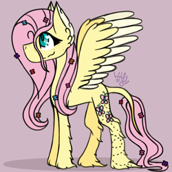 Size: 2500x2500 | Tagged: safe, artist:wolfgirlstuart, fluttershy, pegasus, g4, colored pinnae, colored wings, ear fluff, female, fluffy, hair accessory, leonine tail, pink hair, sideways, simple background, solo, standing, tail, turquoise eyes, two toned wings, wings, yellow coat