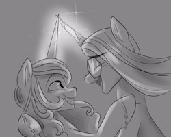 Size: 2500x2000 | Tagged: safe, artist:danny obscure, comet (g5), izzy moonbow, auroricorn, pony, unicorn, g5, duo, duo male and female, female, grayscale, horn, horns are touching, male, mare, monochrome, ship:combow, shipping, stallion, straight, unitober 2024