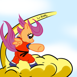 Size: 1024x1024 | Tagged: safe, artist:nicolai, scootaloo, pegasus, pony, g4, cloud, dragon ball, female, filly, flying, foal, kinto'un, on a cloud, solo, wings