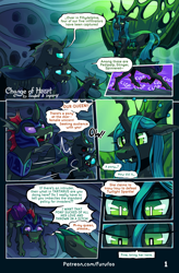 Size: 1004x1535 | Tagged: safe, artist:furufoo, artist:impamy, pharynx, queen chrysalis, changeling, pony, comic:change of heart (furufoo), g4, cape, clothes, cloven hooves, comic, crowd, eyeshadow, fangs, female, green eyes, hat, magic, makeup, slit pupils, swarm, throne, witch hat