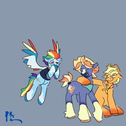 Size: 2000x2000 | Tagged: safe, artist:dandeesaturn, applejack, rainbow dash, tracy tailspin, earth pony, pegasus, pony, g4, g5, descendant, female, gray background, lesbian, mare, older, older applejack, older rainbow dash, ship:appledash, shipping, simple background, trio, unitober 2024