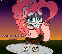 Size: 3000x2643 | Tagged: safe, artist:legendoflink, pinkie pie, pony, g4, calaverita (sugar skull), dia de los muertos, face paint, female, latina pinkie pie, looking at you, mare, pinktober, pinktober 2024, solo, spanish, sugar skull