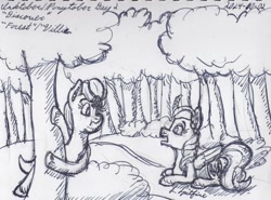 Size: 1280x947 | Tagged: safe, artist:gosupermarinespitfire, opaline arcana, sunny starscout, alicorn, earth pony, pony, g5, doodle, duo, duo female, female, forest, grayscale, inktober, mare, monochrome, nature, outdoors, ponytober, traditional art, tree, unitober 2024