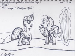 Size: 1280x955 | Tagged: safe, artist:gosupermarinespitfire, sunny starscout, twilight sparkle, earth pony, pony, unicorn, g4, g5, doodle, duo, duo female, female, grayscale, horn, inktober, mare, monochrome, ponytober, portal, traditional art, unicorn twilight, unitober 2024