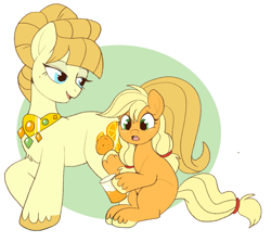 Size: 1181x1054 | Tagged: safe, artist:lulubell, applejack, aunt orange, earth pony, pony, g4, :o, aunt and niece, beauty mark, circle background, colored hooves, distressed, duo, duo female, female, filly, filly applejack, food, freckles, hooves, jewelry, juice, mare, necklace, open mouth, orange, orange juice, orangejack, pigtails, raised hoof, sitting, twintails, unshorn fetlocks, updo, younger