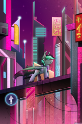 Size: 1800x2734 | Tagged: safe, artist:andaluce, oc, oc only, oc:target strike, bat pony, hybrid, pegabat, pegasus, pony, bandana, bridge, city, cityscape, cyberpunk, ear fluff, ear piercing, earring, fangs, heterochromia, jewelry, night, outdoors, piercing, skyscraper, solo, unshorn fetlocks, vaporwave, yin-yang