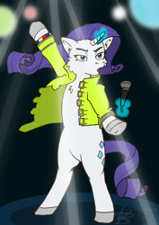 Size: 850x1202 | Tagged: safe, artist:animatorwil, rarity, pony, unicorn, g4, atg 2024, bipedal, bracelet, cheek fluff, chest fluff, clothes, ear fluff, female, freddie mercury, glowing, glowing horn, hoof in air, horn, jacket, jewelry, levitation, magic, mare, microphone, newbie artist training grounds, open clothes, open jacket, open mouth, pose, queen (band), signature, singing, solo, spotlight, standing, telekinesis, underhoof