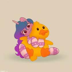 Size: 2480x2480 | Tagged: safe, artist:starburstuwu, izzy moonbow, bird, duck, pony, unicorn, g5, beige background, clothes, cute, daaaaaaaaaaaw, female, happy, heart, heart print, horn, hug, izzybetes, looking at you, mare, plushie, simple background, sitting, smiling, smiling at you, socks, solo, weapons-grade cute