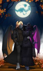 Size: 2300x3800 | Tagged: safe, artist:chacrawarrior, oc, oc only, oc:indigo rose, oc:rege liliac, bat pony, anthro, unguligrade anthro, anthro oc, arm around back, autumn, bat pony oc, big breasts, black veil, breasts, busty oc, clothes, coat, commission, couple, digital art, dress, fangs, female, forest, full moon, gift art, hat, leaf, leaves, lipstick, looking at each other, looking at someone, male, mare, milf, moon, nature, night, night sky, oc x oc, outdoors, shipping, sky, slit pupils, smiling, stallion, straight, stroll, sweater, tree, veil, walking