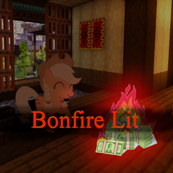 Size: 1080x1080 | Tagged: safe, applejack, earth pony, pony, g4, bonfire, bonfire lit, burning, dark souls, fire, indoors, meme, minecraft, money, solo