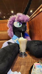 Size: 2252x4000 | Tagged: safe, artist:lanacraft, nightmare moon, g4, 4chan cup scarf, clothes, denny's, drink, eyeshadow, female, irl, makeup, mare, milkshake, photo, plushie, scarf