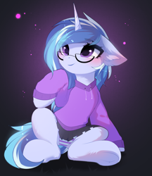 Size: 3064x3550 | Tagged: safe, artist:empress-twilight, oc, oc only, oc:pillow, pony, unicorn, blushing, cheek fluff, clothes, commission, cute, ear fluff, ears back, eye clipping through hair, eyebrows, eyebrows visible through hair, female, floppy ears, fluffy, glasses, hoodie, horn, mare, panties, sitting, skirt, smiling, solo, sparkles, striped panties, striped underwear, underhoof, underwear, unicorn oc, upskirt, ych result