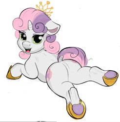 Size: 885x901 | Tagged: source needed, safe, alternate version, artist:cutiecarbon, sweetie belle, pony, unicorn, g4, butt, featureless crotch, female, filly, foal, frog (hoof), hoofbutt, hooves, horn, horseshoes, jewelry, looking at you, looking back, looking back at you, lying down, open mouth, open smile, plot, prone, simple background, sketch, smiling, solo, sploot, sweetie butt, tiara, underhoof, white background, wip