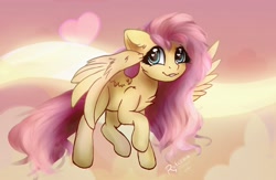 Size: 2000x1300 | Tagged: safe, artist:radioaxi, fluttershy, pegasus, pony, g4, chest fluff, cloud, cute, ear fluff, female, flying, heart, heart eyes, looking at you, mare, outdoors, shyabetes, sky, smiling, smiling at you, solo, spread wings, three quarter view, wingding eyes, wings