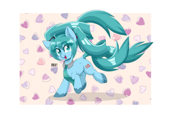 Size: 4000x2700 | Tagged: safe, artist:scandianon, earth pony, pony, anime, clothes, ear fluff, eye clipping through hair, female, hatsune miku, heart, long mane, long tail, looking at you, mare, necktie, open mouth, passepartout, raised hoof, running, smiling, smiling at you, tail, talking, talking to viewer, vocaloid