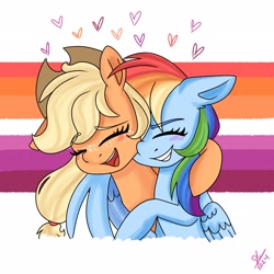 Size: 2048x2048 | Tagged: safe, artist:galaxy swirl, applejack, rainbow dash, earth pony, pegasus, pony, g4, applejack's hat, blushing, cowboy hat, duo, duo female, eyes closed, female, freckles, hat, heart, high res, hug, lesbian, lesbian pride flag, mare, open mouth, open smile, pride, pride flag, ship:appledash, shipping, signature, smiling, winghug, wings