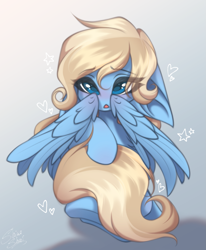 Size: 1647x2000 | Tagged: safe, artist:shinoshai, oc, oc only, oc:lusty symphony, pegasus, pony, blushing, chibi, cute, female, gradient background, mare, pegasus oc, shy, solo, wings