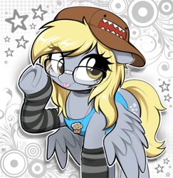 Size: 1342x1382 | Tagged: safe, artist:moozua, derpy hooves, pegasus, pony, g4, :p, abstract background, clothes, cute, derpabetes, domo, eye clipping through hair, female, glasses, jewelry, leg warmers, mare, necklace, raised hoof, solo, spread wings, taped glasses, tongue out, underhoof, wings, wings down