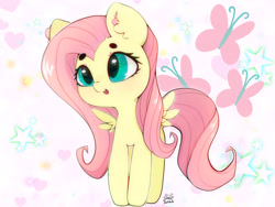 Size: 4000x3000 | Tagged: safe, artist:zokkili, fluttershy, pegasus, pony, g4, beanbrows, cutie mark background, ear fluff, eyebrows, eyebrows visible through hair, female, heart, high res, mare, open mouth, open smile, signature, smiling, solo, spread wings, starry eyes, stars, stubby legs, tail, wingding eyes, wings