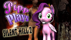 Size: 1920x1080 | Tagged: safe, artist:pika-robo, pipp petals, pegasus, pony, series:pipp plays, g4, g5, 3d, fake thumbnail, female, frown, g5 to g4, gamer pipp, gaming headset, generation leap, headset, let's play, looking at you, mare, nurse, pyramid head, silent hill 2, source filmmaker, trio, youtube thumbnail