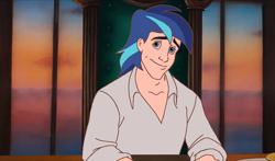 Size: 814x480 | Tagged: safe, artist:ocean lover, edit, shining armor, human, g4, blue eyes, blue hair, chair, collar, crossover, disney, disney prince, disney style, handsome, humanized, indoors, light skin, male, ms paint, prince eric, sky, sky background, smiling, snickering, solo, table, the little mermaid, two toned hair, white shirt, window