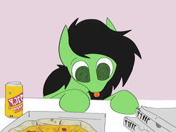 Size: 3180x2395 | Tagged: safe, artist:ponny, oc, oc only, oc:filly anon, earth pony, pony, :p, alcohol, beer, beer can, colored, drink, female, filly, foal, food, indoors, pizza, pizza box, simple background, solo, tongue out