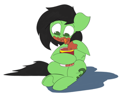 Size: 3618x2895 | Tagged: safe, artist:ponny, oc, oc only, oc:filly anon, earth pony, pony, canned food, female, filly, foal, messy eating, sitting, solo, spaghetti-o's, tongue out